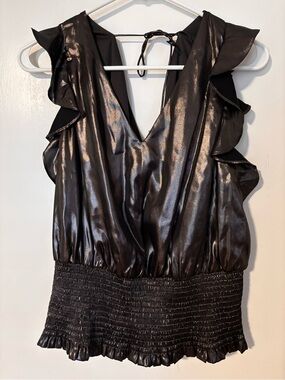 Nine West Shimmering Black Metallic Satin V-Neck Tank